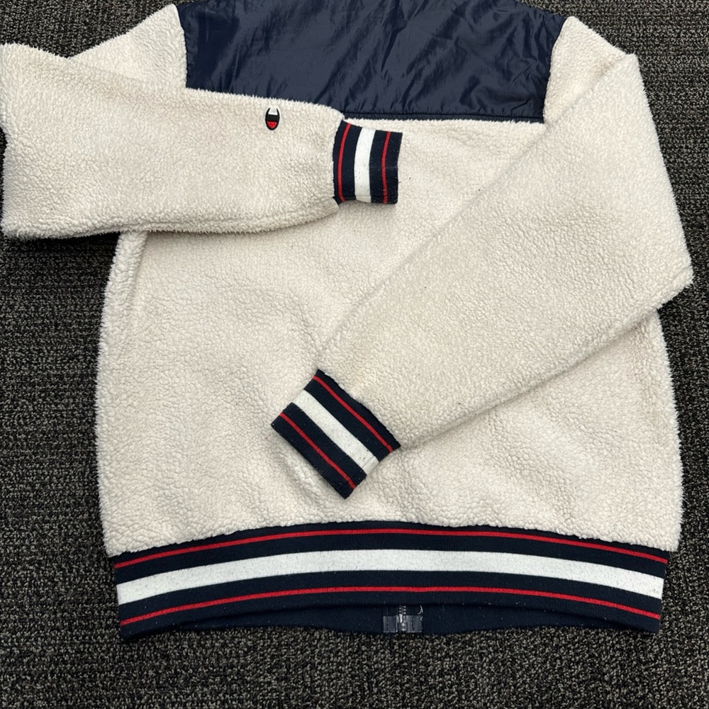 Off-White Sherpa Men's Small Varsity Trim Blue & Red Bomber Champion Jacket - Picture 7 of 8